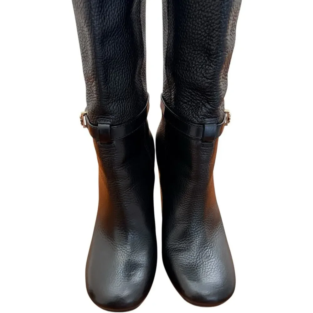 Tory Burch Jenna Black Pebbled Leather Knee High Boots Size 8.5